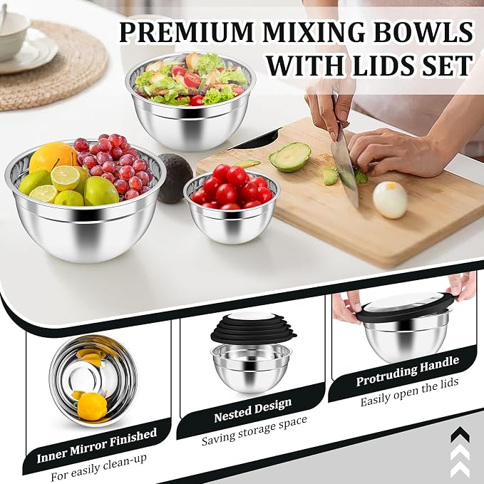 P&P CHEF Metal Mixing Bowls with Lids Set, Visible Airtight Lids & Black | 5 PCS Stainless Steel Mixing Nesting Bowls for Kitchen Prepping, Storing, Healthy & Easy Clean, Size 4.6, 3, 1.5, 1, 0.7 QT