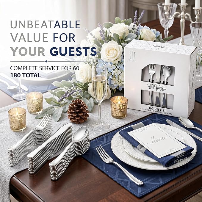 180 Pieces Silver Plastic Silverware - Silver Plastic Cutlery - Fancy Plastic Silverware Heavy Duty - 60 Forks 60 Knives 60 Spoons - Disposable Plastic Utensils Perfect for Party Wedding