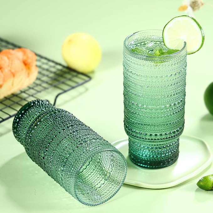 Large Capacity 16 oz Hobnail Drinking Glasses Set of 6, Vintage Glassware Drinking Glasses, Gradual Dark Green Water Glasses Tumbler, Cups for Kitchen, Juice, Beer, Cocktail, Whiskey