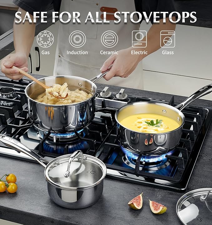 KOCH SYSTEME CS 4 Quart Stainless Steel Saucepan with Lid, Tri-Ply Stainless Steel Pot 4QT, Large Cooking Pot, Sauce Pan with Stay Cool Handle, Induction Compatible Pot, Oven Safe 600°F