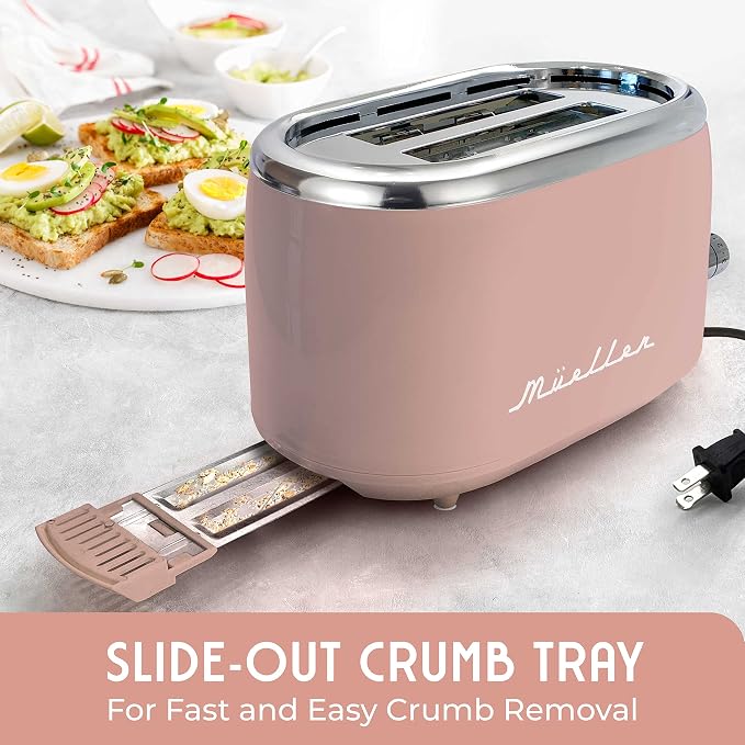 MUELLER HOME Retro Toaster 2 Slice, 7 Browning Levels | 3 Functions (Reheat, Defrost, Cancel), Stainless Steel Features, Removable Crumb Tray, Under Base Cord Storage, Pink