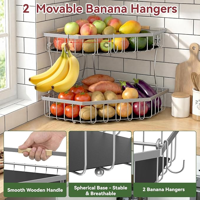 2 Tier Fruit Basket for Kitchen Counter with 2 Banana Hangers for Corner | Detachable Metal Fruit Bowl with Wooden Handle, Large Capacity Fruit Stand for Bread Fruit and Vegetable Storage, Silver