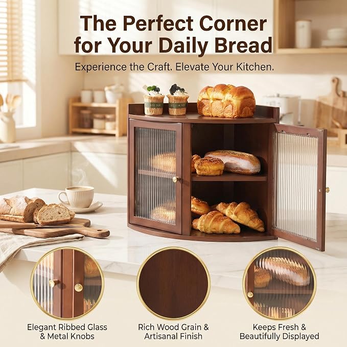 Baveke Bread Box for Kitchen Countertop, Corner Bread Box & Bamboo Breadbox, Large Bread Storage with Double Layer, Vintage Storage for Homemade Bread, Rustic Brown