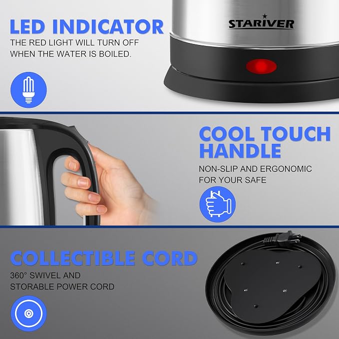 Stariver 2.5L Large Electric Kettle, BPA-Free Stainless Steel Water Kettle | Fast Boil Electric Tea Kettle, Auto Shut-Off & Boil-Dry Protection, 10-12 Cups, Large Capacity for Family Use