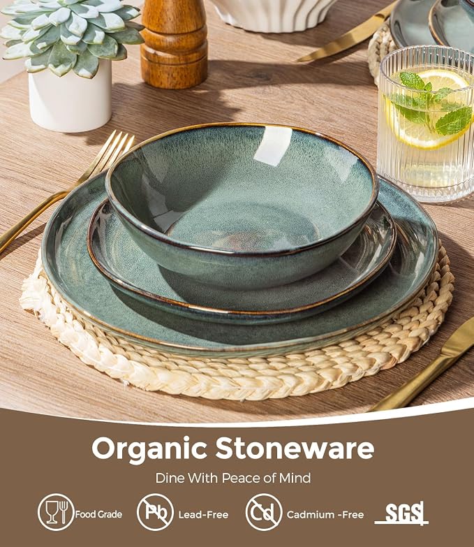 GBHOME Stoneware Dinnerware Sets for 8,24 Piece Rustic Plates and Bowls Set | Earthenware Handmade Reactive Glaze Plate Sets, Chip Resistant Ceramic Dishes, Microwave & Dishwasher Safe, Coastal Teal