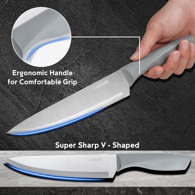 19PCS Gray Kitchen Cooking Utensils Set Kitchen Tools Set | 6 Stainless Steel Knives, 11 Silicone Utensils with 1 Cutting Board, Ideal for Apartment