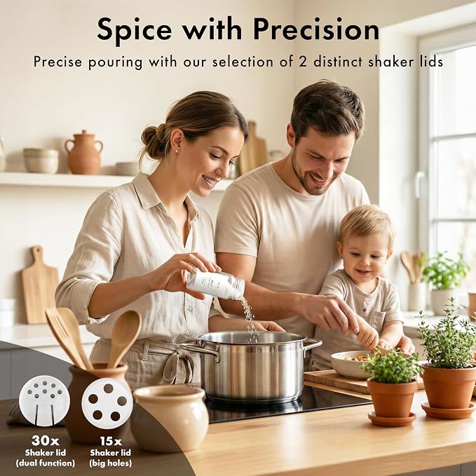 Glass Spice Jars with Label, 36x Bamboo Wooden Lids - White Labels | Airtight Lids keep spices fresh, Kitchen Spice Drawer Organizer, 4oz Seasoning Containers incl. Funnel, Brush & 240 Labels