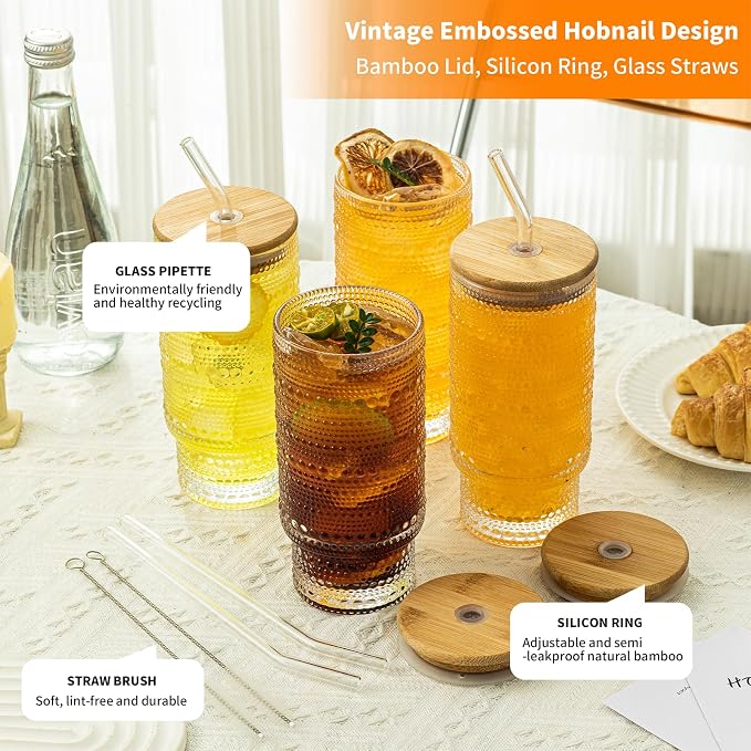 KEMORELA 16oz Hobnail Drinking Glasses with Lids and Straws,4 pack Vintage Glasses Tumbler Cups for Iced Coffee,Tea Glasses,Beer,Cocktail,Ideal for Whiskey,Slip-resistant Embossed Surface