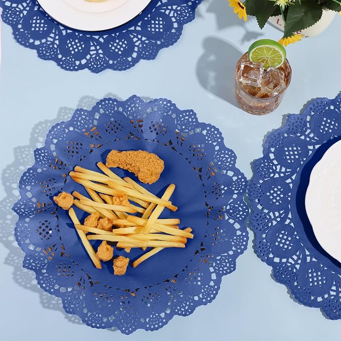 MCEAST 100 Pack Round Blue Paper Doilies 13.5 Inches Lace Place Mats Rustic Scallop Doily Disposable Paper Table Pads for Food Cakes Crafts Party Weddings Tableware Decor