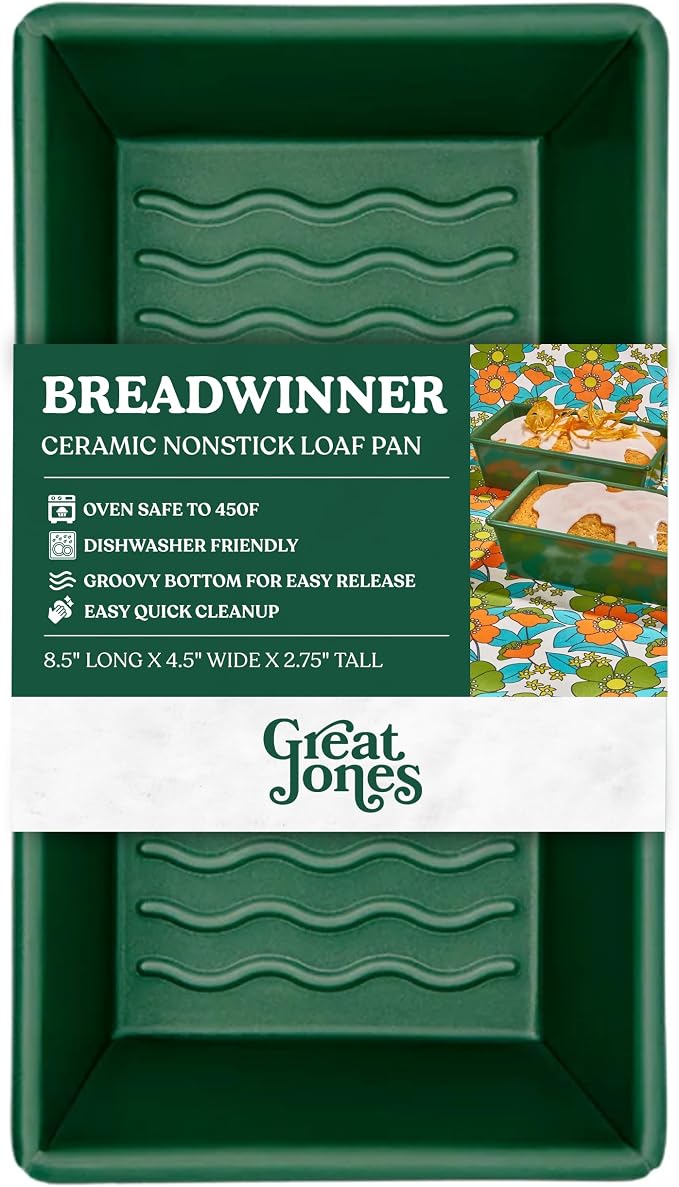 Great Jones Nonstick and Non Toxic Loaf Pan - 8.5 x 4.5 (Broccoli) | Green Heavy-Duty Aluminized Steel Bread Pan | Ridged Bottom for Easy Release, Oven-Safe 450°F, Dishwasher-Friendly