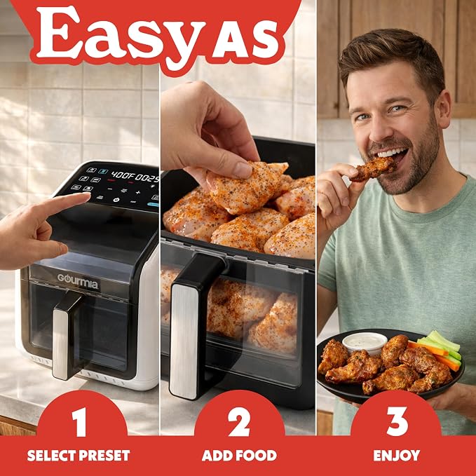 Gourmia Air Fryer 7 QT - Easy View Panorama Window & Interior Light, Guided Cooking with 12 One-Touch Presets, FryForce 360, Dishwasher Safe Accessories, White