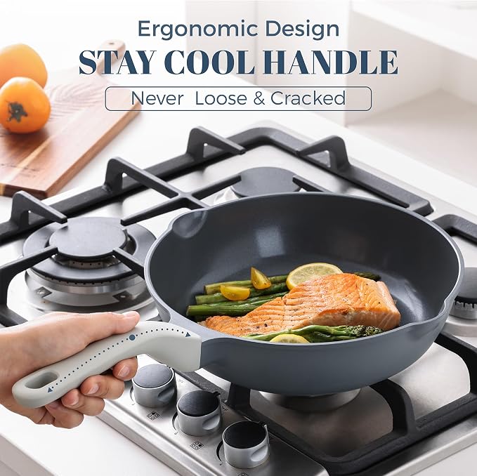 PRICUSIS Ceramic Nonstick Deep Saute Pan with Lid, 10/12 Inch Non Toxic Pans with Double Pour Spout, Helper Handle and Lid, Metal Utennsil Safe, Dishwasher Safe, (12 Inch, Gray)