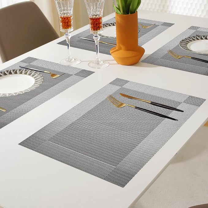 Vinyl Placemats Heat-Resistant Table Mats Washable Easy Clean Plastic Placemats for Dining Table Set of 4 (Gray)