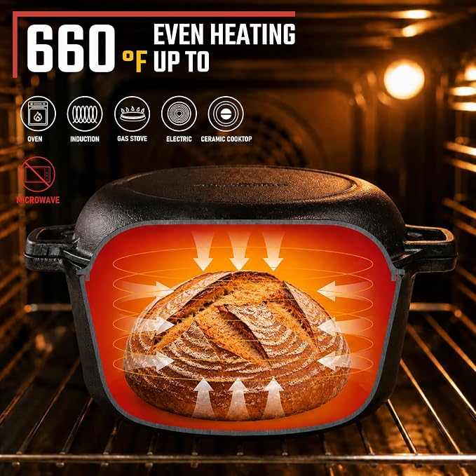 Overmont 7QT Double Dutch Oven - 2-in-1 Pre-Seasoned Cast Iron Pot & Recipe | Skillet Lid Doubles as Frying Pan, Heavy Duty Cast Iron Pot with Handle Covers, for Sourdough Baking Frying Outdoor Camping