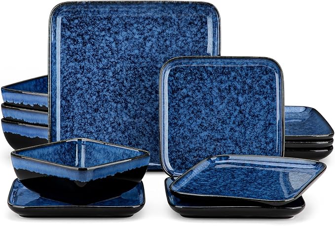 vancasso Stern Square Stoneware Dinnerware Set for 4, 12-Piece Dish Set | Blue Reactive Glaze Plates and Bowls Set, Chip and Scratch Resistant, Microwave & Dishwasher Safe