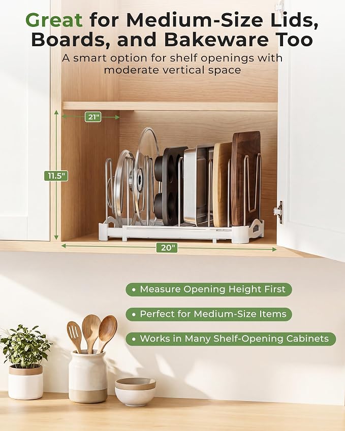 EVERIE Adjustable Cabinet Organizer for Pot Lids, Bakeware, Cookie Sheets & Cutting Boards, Upright Storage Rack for Kitchen Cabinet, Stable Dividers, 9.7" Deep, 12.6" to 21.5" Wide, GS02SS | 5mm Steel Dividers, Anti-Wobble, M-Slot for Lid Handles, BPA...