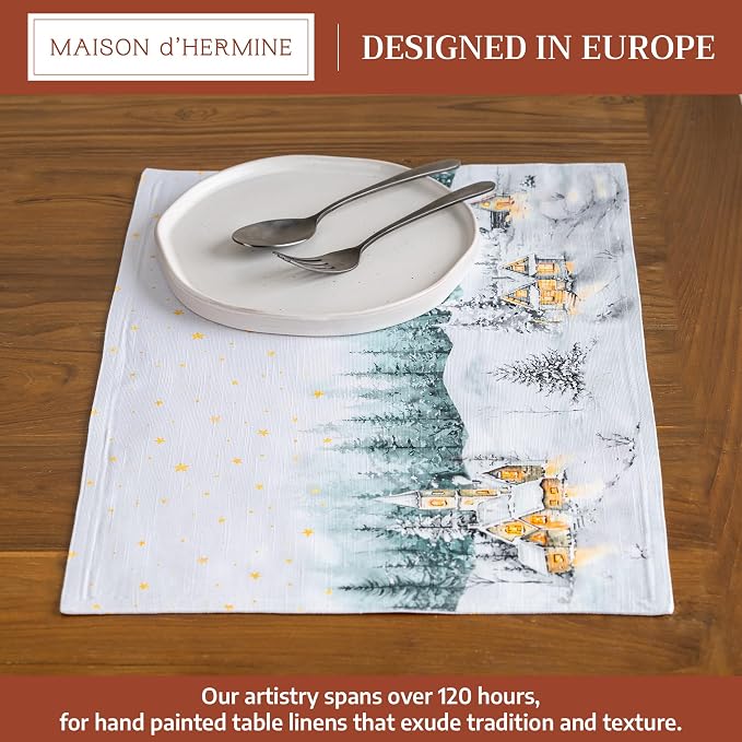 Maison d' Hermine Placemats Set of 4 Reusable 100% Cotton (13"x19") | Cloth Place Mats Washable Table Mats for Kitchen Dining Party Wedding Hotel Home Thanksgiving Christmas - Neige de Noel