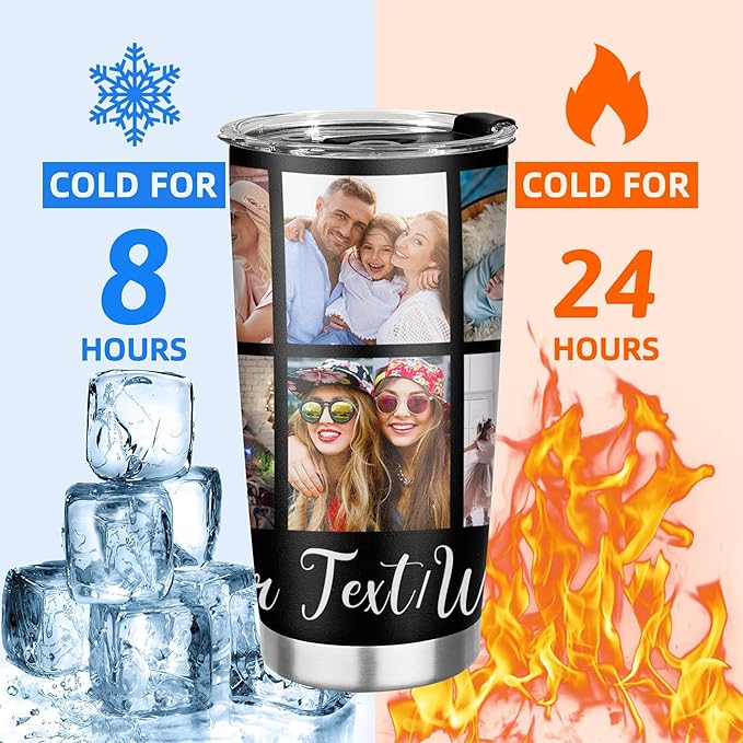 Personalized Tumbler Custom Vacuum Insulated Travel Mug Customizable Coffee Cup with Your Photos and Text Christmas Birthday Gift (10 Photos+Text)