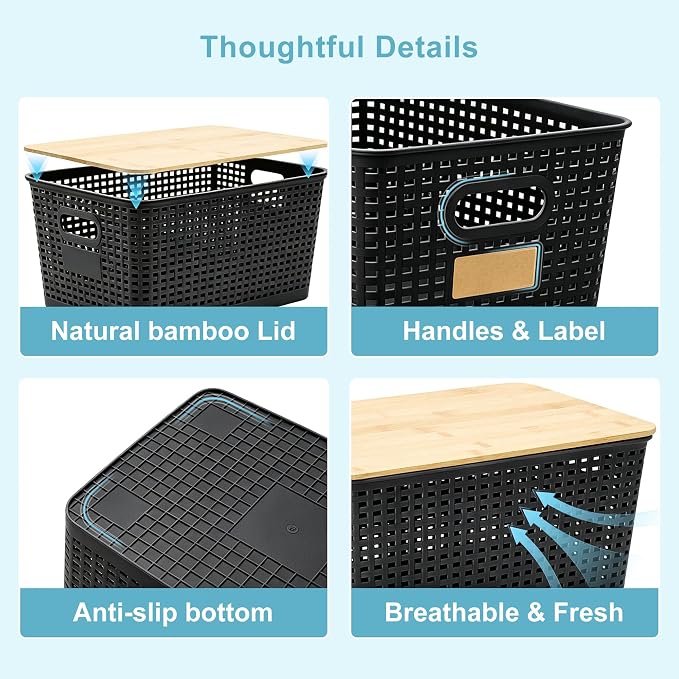 2 Pack Tall Plastic Storage Bins with Bamboo Lids, 10.8qt Stackable Storages Baskets for Organizing Desktop Closet Playroom Classroom Office, 12"L x 8.3"W x 6.1"H, Black