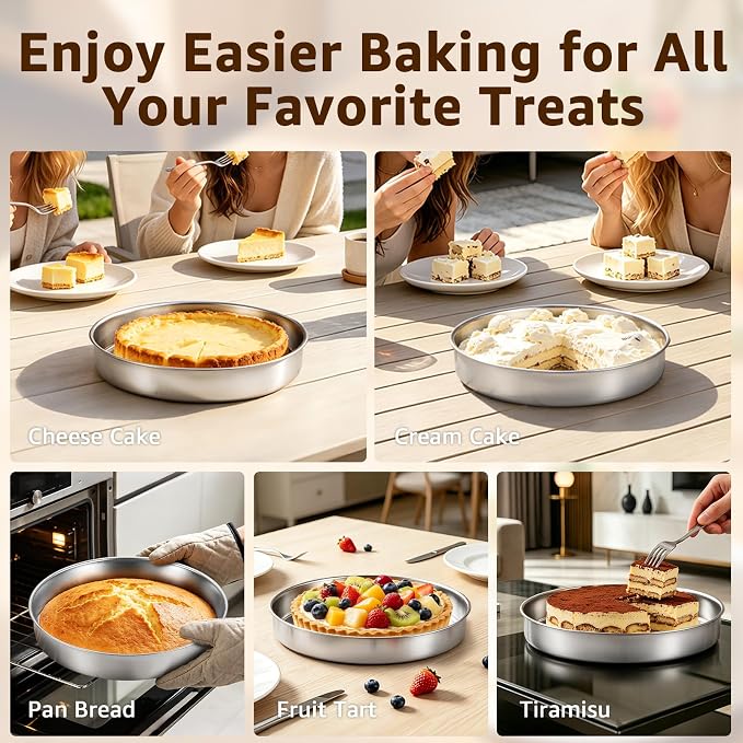 Inqibee 8 Inch Round Cake Pan Set of 2, Stainless Steel Textured Bottom | Tri-ply Stainless Steel, Rolled Rim Layer Cake Bakeware, Oven & Dishwasher Safe, Healthy Non-Toxic for Birthday Wedding Cake