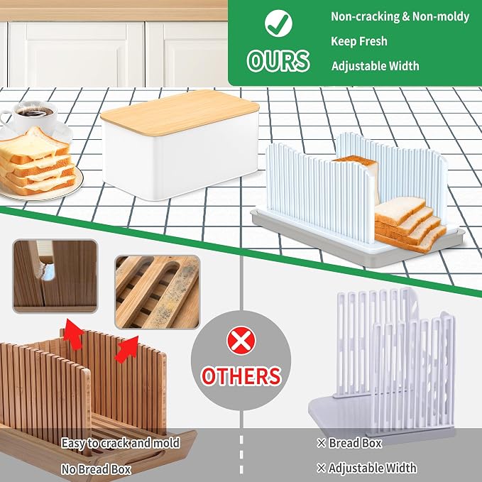 CAWIU Bread Slicer for Homemade with Box, Foldable Bread Slicing Guide | Compact Bread Cutter with Crumb Tray, Adjustable Width Bread Cutting Guide for Loafs, Sandwiches, Bagels, and Cakes