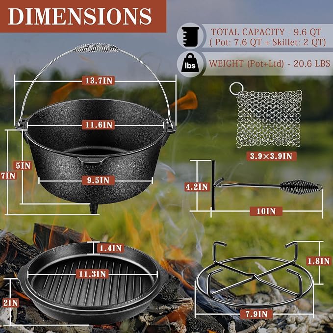 Joyfair Pre-seasoned Cast Iron Camp Dutch Oven with Accessories, 7.6QT Pot | Open Fire Camping Cookware with 2QT Skillet Lid For Outdoor Campfire Cooking - Baking Sourdough Bread, Oven Safe