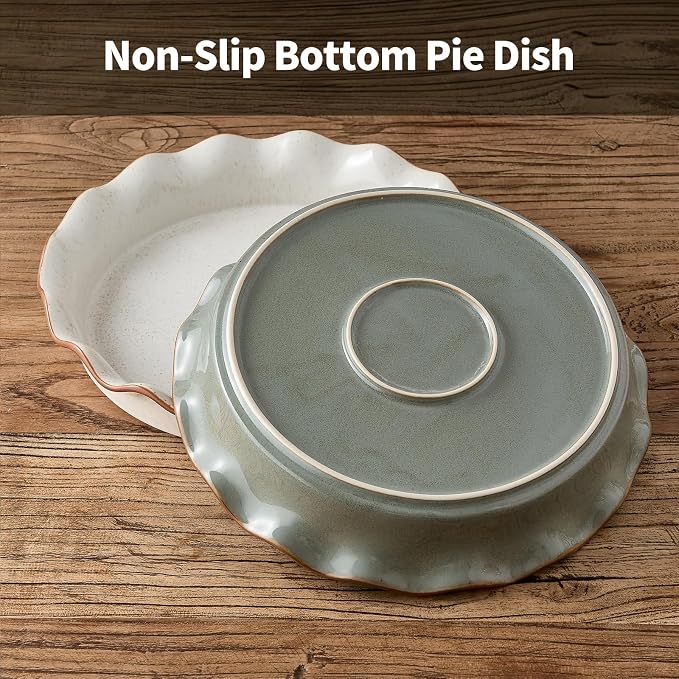 Ceramic Pie Pan for Baking[10.5 inch],Reusable NonStick Ceramic Baking Dish | Reusable NonStick Ceramic Pie Plate with Ruffled Edge,Deep and Fluted Pie Dish for Apple Pie,Quiche,Pot Pie, Tart, etc（Green）