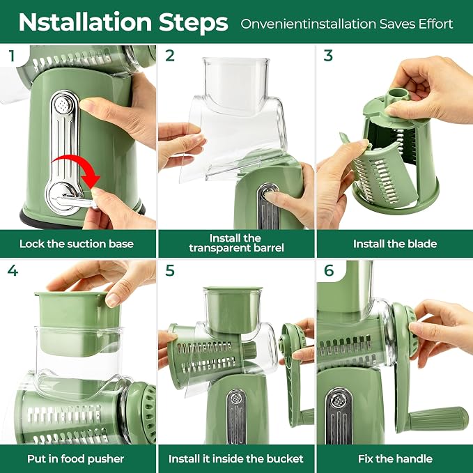 SUSTEAS Rotary Cheese Grater 5 Blades,Kitchen Mandoline Vegetable Slicer | Easy to Clean,Strong Suction Base,Blades Storage Box,Round Mandoline Slicer & Food Chopper for Cheese,Salad,Nut, Retro Green