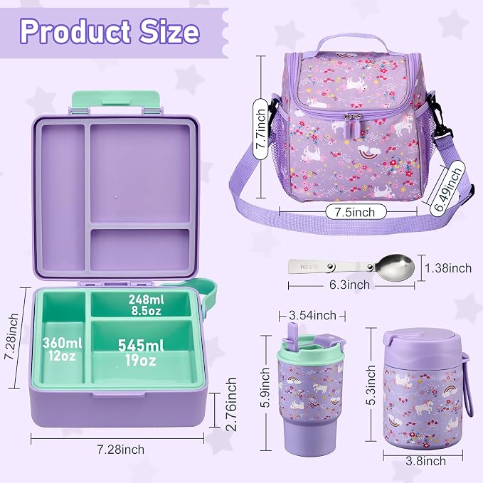 Bento Lunch Box for Kids with 17oz Soup Thermo,Insulated Tumbler Water Bottle and Insulated Lunch Bag,Leak-Proof 3 Compartment Lunch Food Container with Ice Pack for Kids to School-Horse