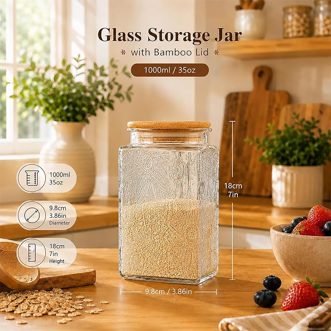 Glass Storage Jars With Airtight Lid, 35oz Canister For Kitchen Counter with Bamboo Lid, brown sugar, candy, coffee, cookie, salt, tea,pantry cute Jar (Large Square Sunflower)