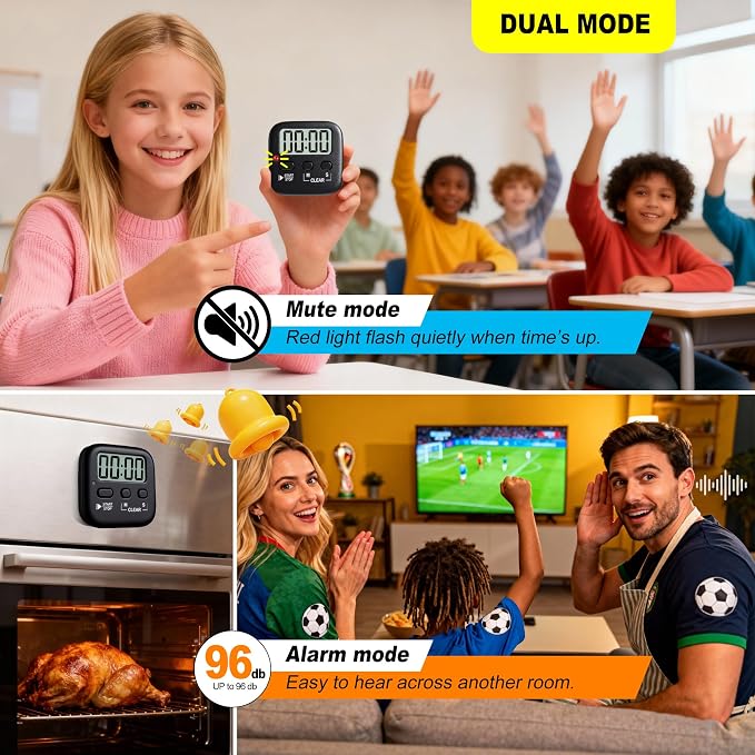 2 Pack Digital Timer for Kids Classroom Kitchen Timers for Cooking | w/ Battery, Easy to View, Alarm, Mute Mode, Count Down/Up, Magnetic, Kickstand, Hanging, Classroom Timer for Teacher Supplies