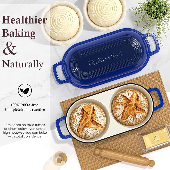 Umite Chef Mini Double Dutch Oven for Sourdough Bread Baking - Enameled Cast Iron Dutch Oven Pot with Lid and 5" Banneton Bread Proofing Basket Kit, Dual Round Bread Loaf Pan for Bread Baking (Blue)