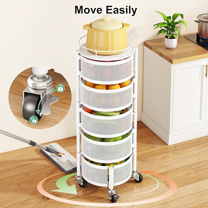 SAYZH 5 Tier Fruit Vegetable Basket Stand for Kitchen, Rotating, White | Rolling Storage Cart with top lid, Large Metal Wire Rack for Potato and Onion Storage