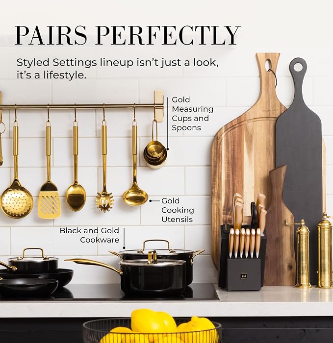 Black and Gold Knife Set for Kitchen with Block – 14-Piece Ultra-Sharp Stainless Steel Knives with Gold Handles and Built-In Sharpener – Stylish Kitchen Accessories for Cooking and Decor | Ultra-Sharp Stainless Steel Knives with Gold Handles & Built-In...