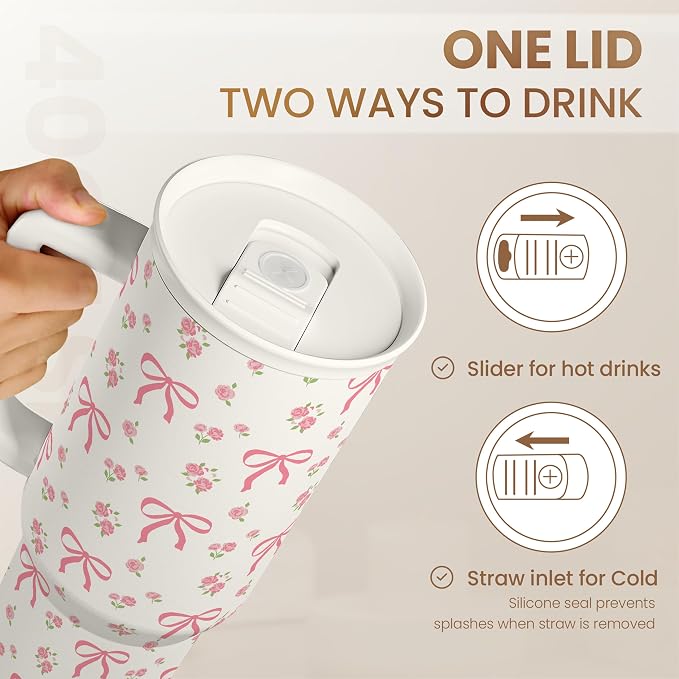 Bow Tumbler with Handle 40oz, Stainless Steel Insulated Tumblers Coffee Travel Cup with Slider Straw Lid, Gifts for Women Teen Girls Birthday