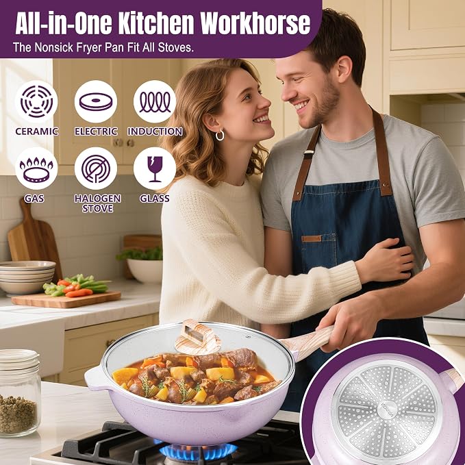 AOSION 12 Inch Nonstick Ceramic Deep Frying Pan, Large Ceramic Skillet. | Lid & Steam Rack, 5.5QT Sauté Pan, Stay Cool Handle, Induction Compatible, PFOA & PFAS Free