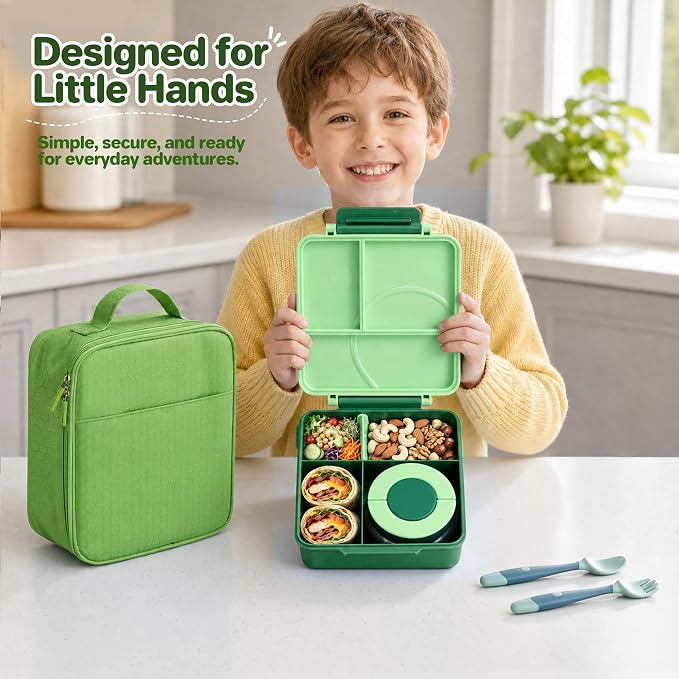 Bento Lunch Box Set for Kids with 8oz Soup Thermo, Leak-Proof Lunch Containers with 4 Compartment, Kids Thermo Hot Food Jar and Insulated Lunch Bag for Kid to School-Green