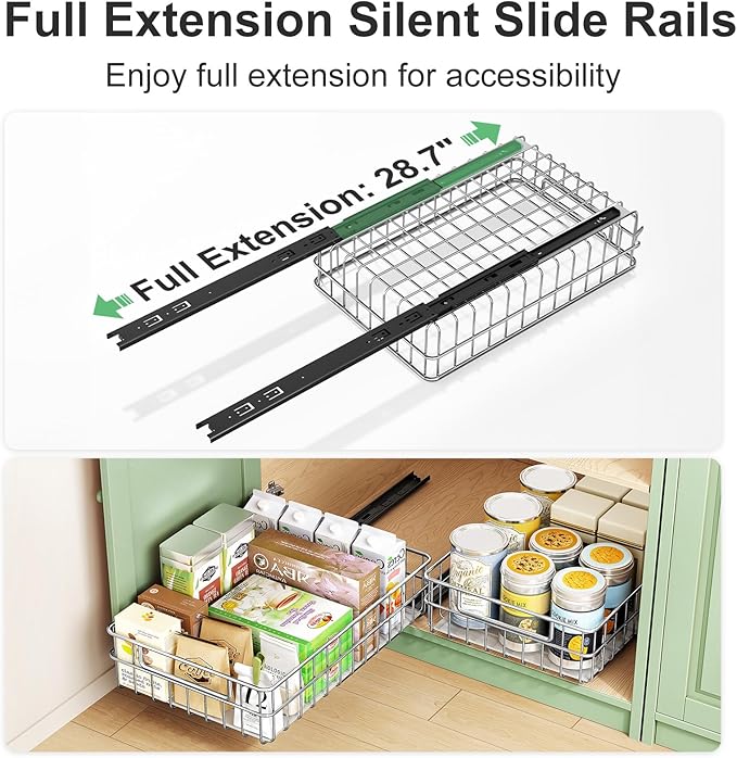 Pull out Cabinet Organizer, Stainless Steel 2-Pack Slide out Drawer with Silent Full-Extension Slides, Adhesive Roll out Can Spice Storage Basket Shelf Rack for Pantry, Kitchen, Bathroom, Home Closet