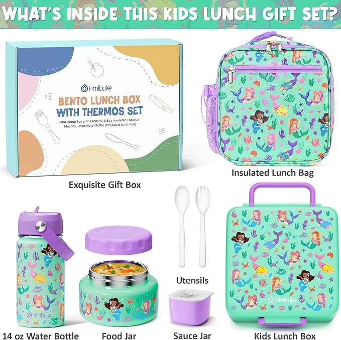 Fimibuke Bento Box for Kids Adult - Leakproof 3-4 Compartments Lunch Bento Box Set with Insulated Food Jar, Water Bottle, Lunch Bag, Sauce Cup & Cutlery for Toddler Teen Shcool Girl Boy Age 3+