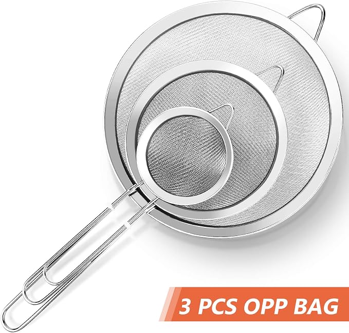 3Pcs Super Wire Extra Fine Mesh Strainer with Handle, Small Medium Large Size Sifter Metal Strainer Set, Stainless Steel Sieve Fine Mesh Strainers for Kitchen Rice Juice Quinoa Food Flour Baking YLYL
