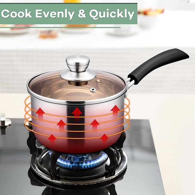 Herogo 1 Quart & 2 Quart Saucepan Set with Lid, 18/10 Stainless Steel Sauce Pan Pot, 2Qt 1Qt Saucepan for Home Kitchen Restaurant, Dishwasher Safe