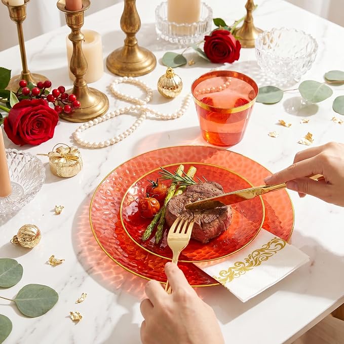 Rubtlamp 175 Pcs Plastic Dinnerware Set (25 Guests), Red And Gold Plastic Plates, Hammered Party Plates Set Include Dinner Plates, Dessert Plates, Cups, Cutlery Set And Napkins for Wedding And Party
