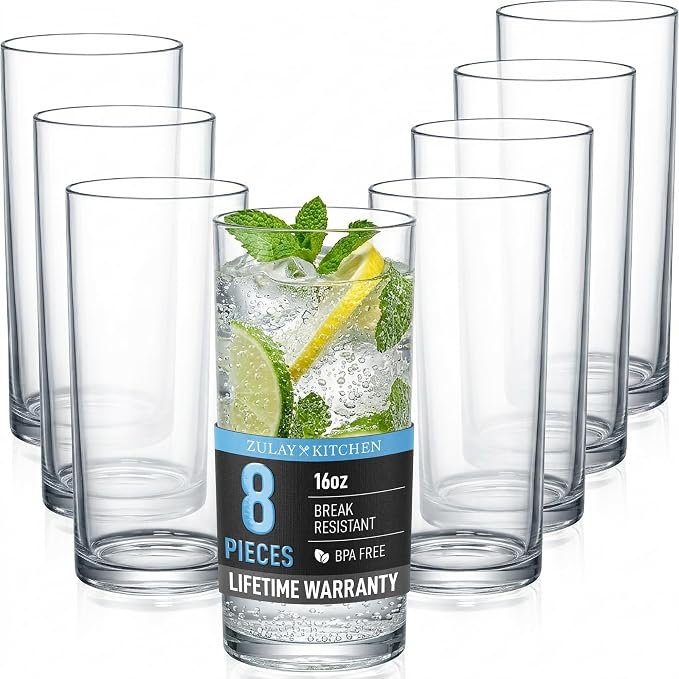 Zulay Kitchen Plastic Drinking Glasses (Set of 8) – 16oz Acrylic Shatterproof Water Cups for Home, Kitchen & Outdoors – Crystal Clear Glass Look – BPA & Lead-Free – Top-Rack Dishwasher Safe