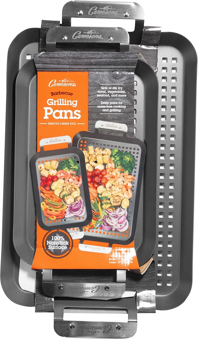 Camerons BBQ Grill Topper Non-Stick Grilling Pans, 2 Pack | Barbecue Trays with Stainless Steel Handles, Indoor Outdoor Use for BBQ Smoked Meat, Veggies & Seafood, Grilling Gift for Men