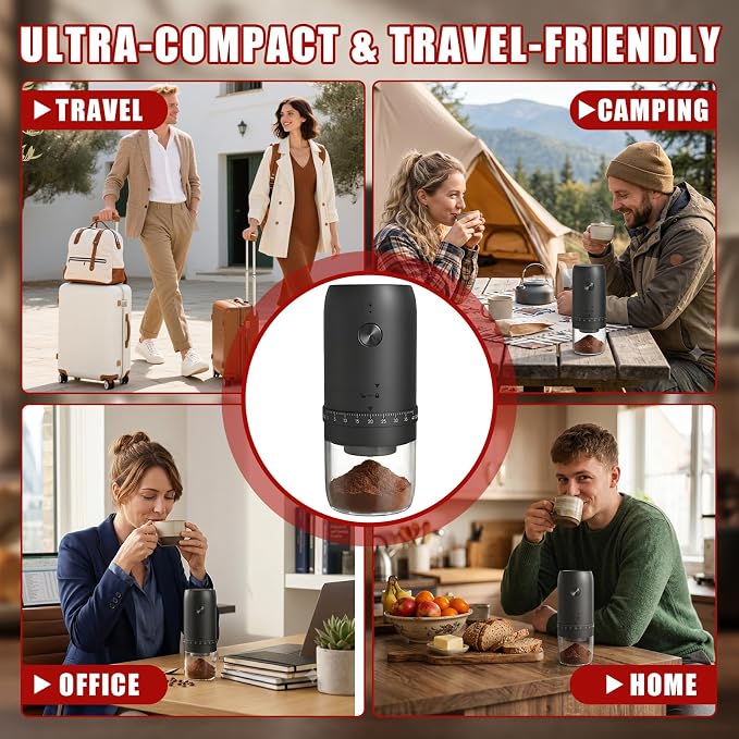 Electric Coffee Grinder, Portable Coffee Bean Grinder with Conical Ceramic Burr, USB-C Rechargeable Espresso Grinder with Adjustable Coarseness & Auto Shut-Off, Grinder for Travel Camping Office Home
