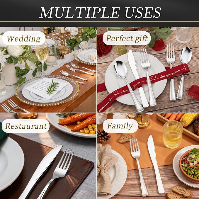 180 Pieces Silver Plastic Silverware - Silver Plastic Cutlery - Fancy Plastic Silverware Heavy Duty - 60 Forks 60 Knives 60 Spoons - Disposable Plastic Utensils Perfect for Party Wedding