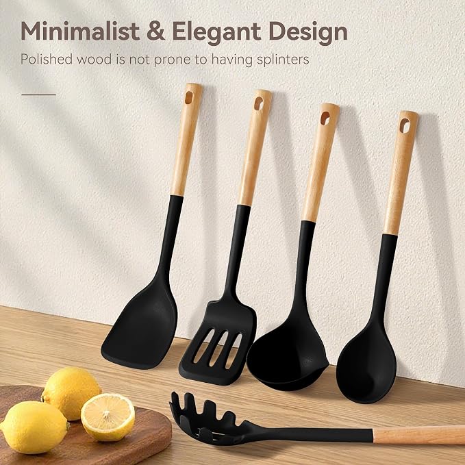 NCUE 6-Pcs Silicone Kitchen Utensils Set Wood Handle BPA-Free Food Grade (Black, 6 Piece)