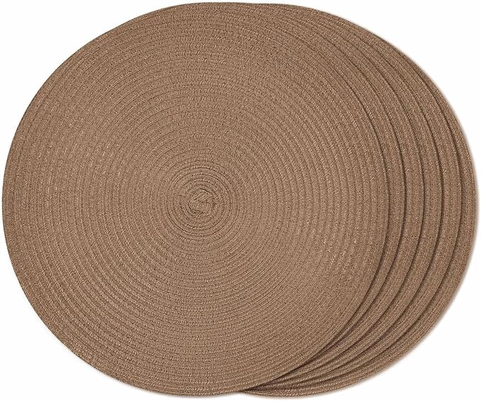 FunWheat Round Braided Placemats Set of 6 Place mats for Dining Tables Woven Heat Resistant Table Mats 15 inch (Brown,6pcs)