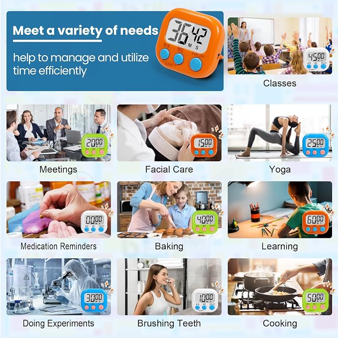 12 Pack Multi-Function Digital Timers, Magnetic Large LCD Display Loud Alarm Countdown Timers, Extensively Use in Classroom, Break Time, Gym, Meeting, Cooking