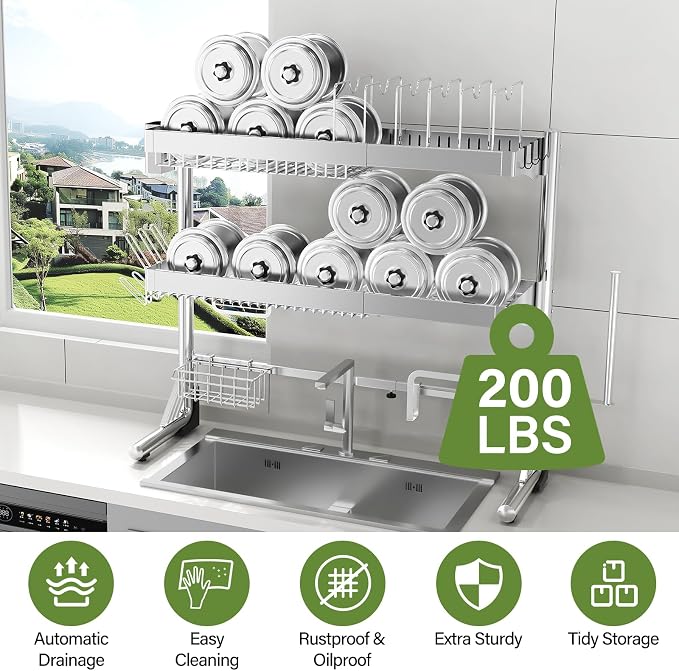 Over The Sink Dish Drainer Drying Rack 3 Tier, Full Stainless Steel Dish Drying Rack Adjustable Length 20.9''-37.4'' , Kitchen Sink Shelf, Organized Space-Saving Dish Rack with Pots and Pans Rack